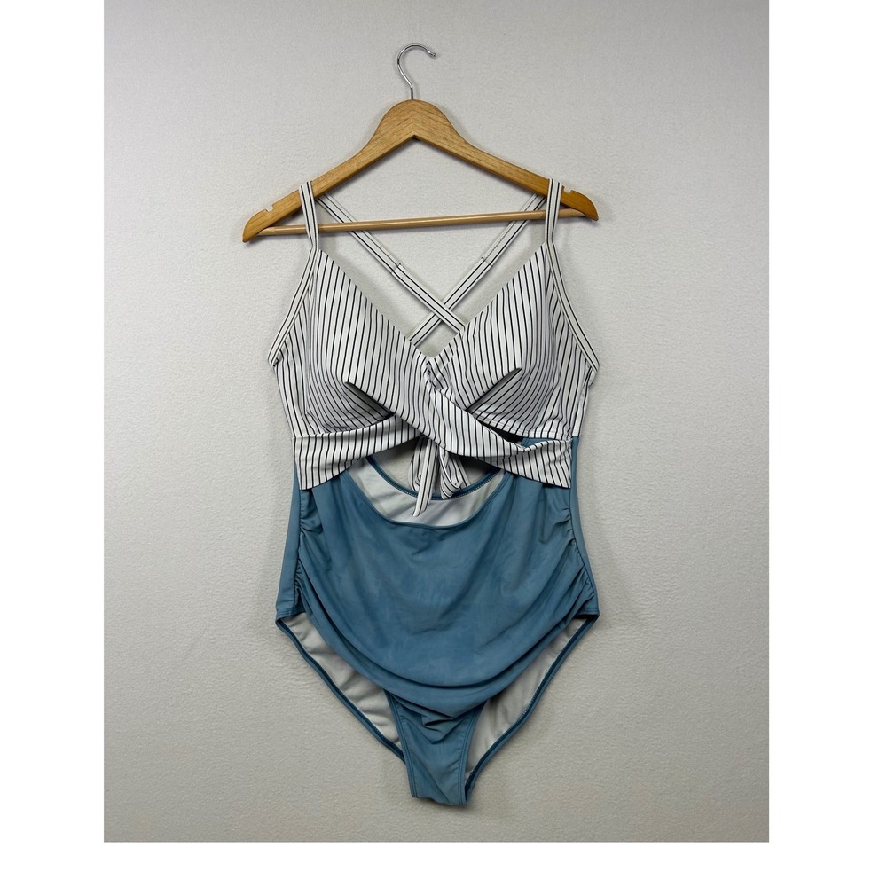 Nautical Retro Eomenie Womens 2XL Blue Striped‎ Cutout Ruched One Piece Swimsuit